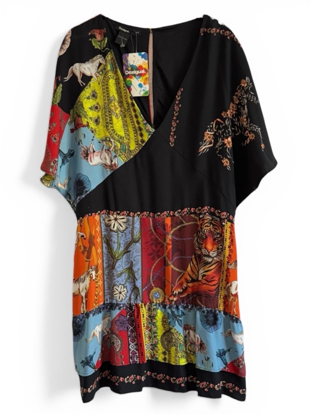 Desigual Multicolor Patchwork Tiger Print V-Neck Dress